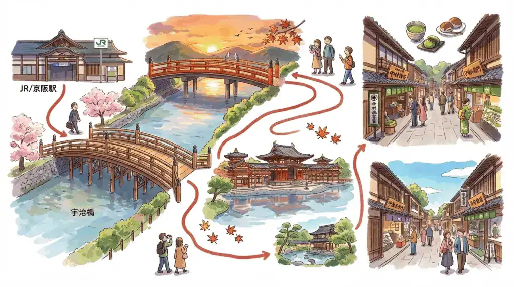 從 JR 出站，往宇治橋、宇治神社的方向繞一圈回來表參道吃抹茶！