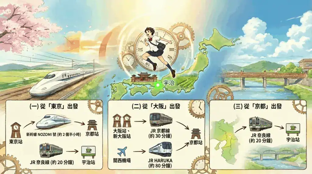 從各城市至京都車站，轉乘 JR 奈良縣前往宇治站，車程約 20 分鐘。