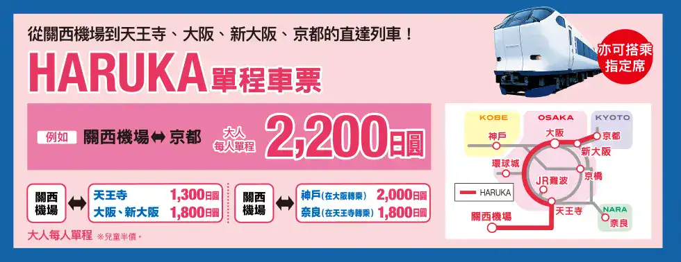 關西機場到京都 HARUKA 普通車廂指定席只要 2,200 日圓。